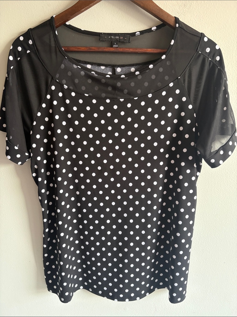 Atelier 29 Large Black White Polka Dot Blouse Sheer Mesh Short Sleeve